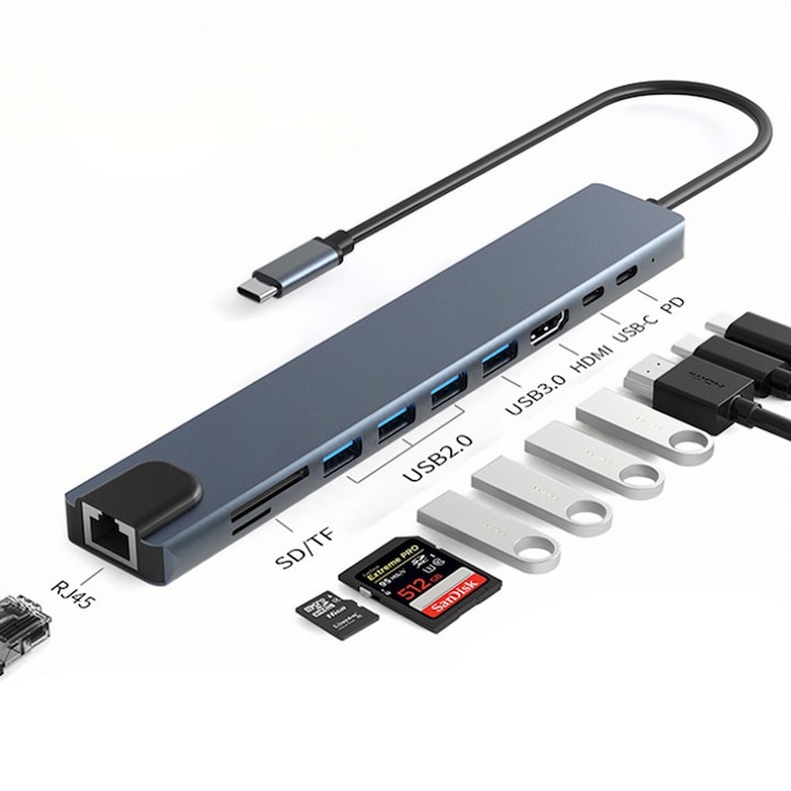 Hub Adaptor Multiport 10 in 1 SpectrumPoint®, USB-C 3.1, 4K HDMI Output, LAN RJ45 Ethernet (1000 MB/S), 3x USB 2.0, 1x USB 3.0, Power Delivery Port 87 W, TF si SD Card Reader, Docking Station pentru Laptop, MacBook Air/Pro, Chromebook, Tableta, Gri