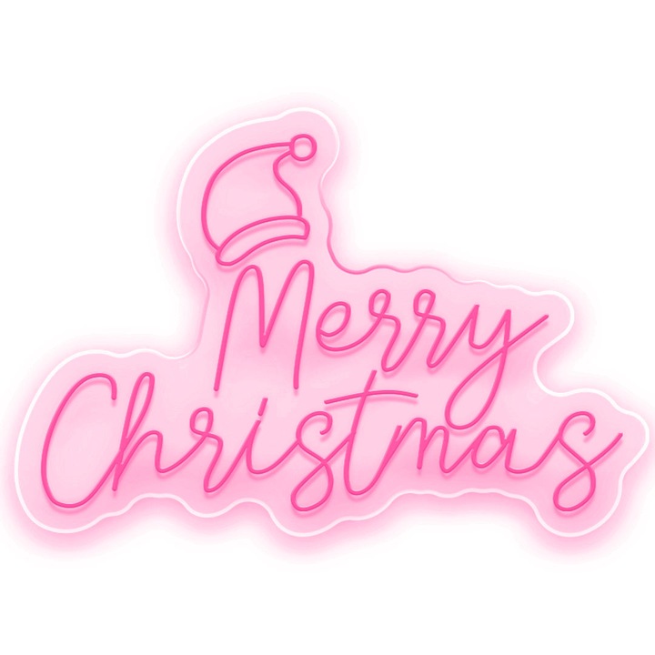 Semn Luminos LED Neon Merry Christmas With Santa Hat- Semn Luminos LED Neon cu Telecomanda, Magenta, 74x35x0.8cm