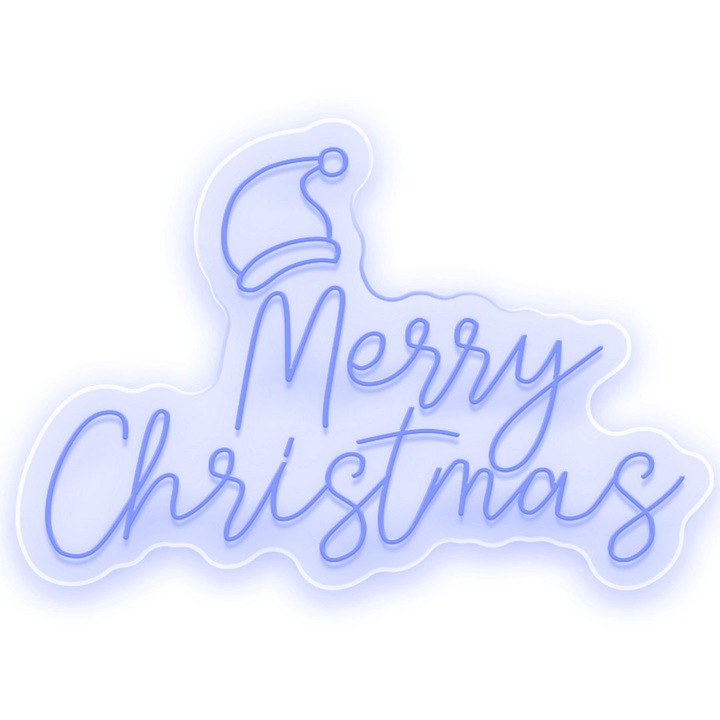 Semn Luminos LED Neon Merry Christmas With Santa Hat- Semn Luminos LED Neon cu Telecomanda, Albastru, 89x42x0.8cm