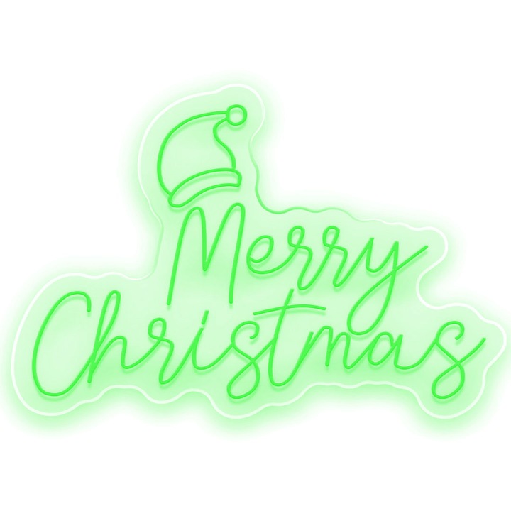 Semn Luminos LED Neon Merry Christmas With Santa Hat- Semn Luminos LED Neon cu Telecomanda, Verde, 63x30x0.8cm
