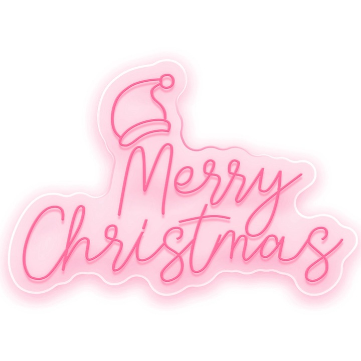Semn Luminos LED Neon Merry Christmas With Santa Hat- Semn Luminos LED Neon cu Telecomanda, Rosu deschis, 74x35x0.8cm