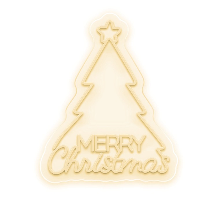 Semn Luminos LED Neon Merry Christmas Tree cu Telecomanda, Alb cald, 32x40x0.8cm