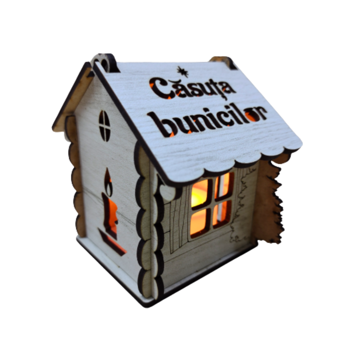 Casuta de Craciun din lemn personalizata, alb craft cu LED, text Casuta bunicilor, decoratiune brad, asamblat, cu baterie, dimensiune 9x9x9 cm