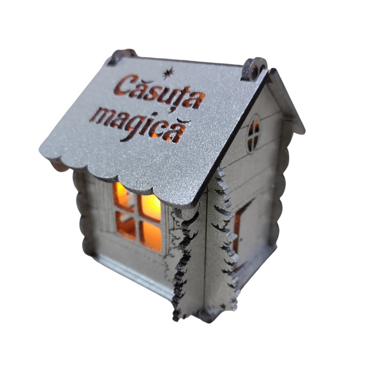 Casuta de Craciun din lemn personalizata, argintiu cu LED, text Casuta magica, decoratiune brad, asamblat, cu baterie, dimensiune 9x9x9 cm