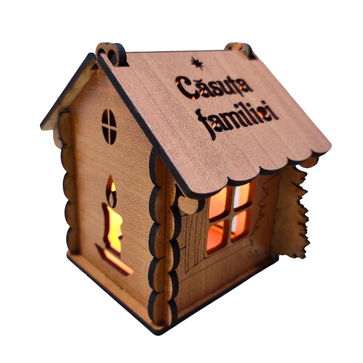 Casuta de Craciun din lemn personalizata, cires cu LED, text Casuta familiei, decoratiune brad, asamblat, cu baterie, dimensiune 9x9x9 cm