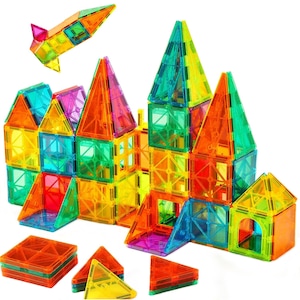 Set de constructie cu placi magnetice, 60 piese, 7.5cm, Jucarie creativa si educationala STEM Magnetic Tiles, Dezvoltarea abilitatilor motrice si a imaginatiei, Multicolor