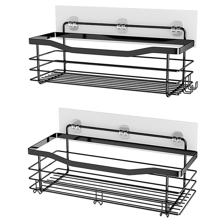 Raft de dus, etajera baie, din otel inoxidabil, pentru depozitare in bucatarie, organizator baie, FreeBiz, set 2 rafturi de dus, negru