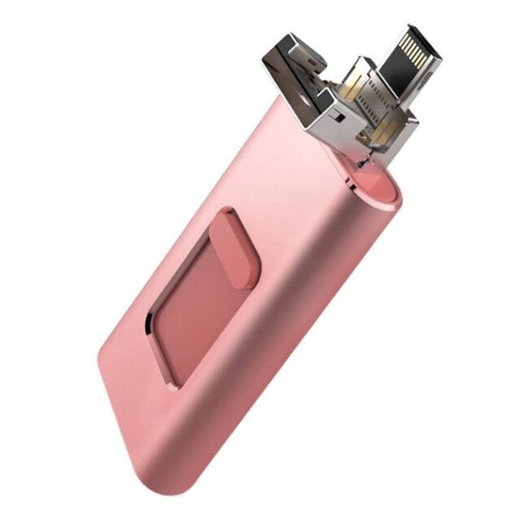 USB памет, Флашка, 4 в 1, Micro USB, TYPE C, Lightning, Съвместим компютър, iPhone, Android, 128GB, Розов