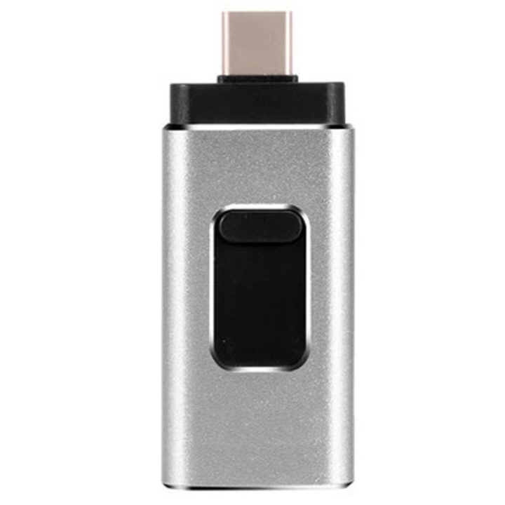 USB памет, Флашка, 4 в 1, Micro USB, TYPE C, Lightning, Съвместим компютър, iPhone, Android, 64GB, Сребрист