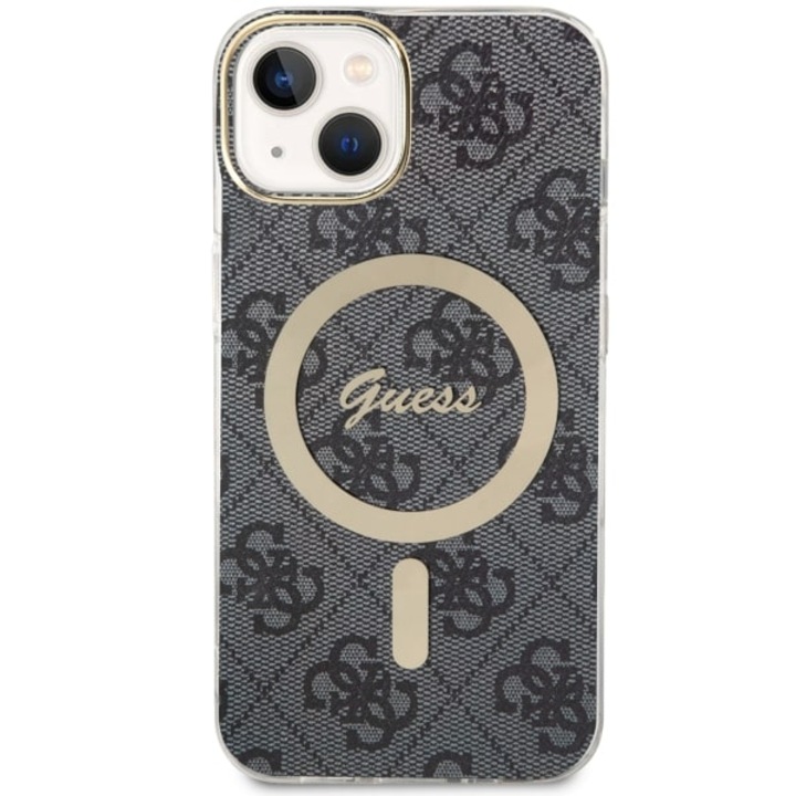 Husa telefon, Guess, Compatibil cu iPhone 14 Plus, MagSafe, Negru/Auriu