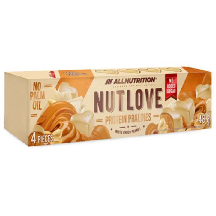 Ciocolate praline proteice, ALLNUTRITION NUTLOVE Protein Pralines White Choco Peanut, 48g, ciocolata alba, fara zahar, fara ulei de palmier, bogat in proteine