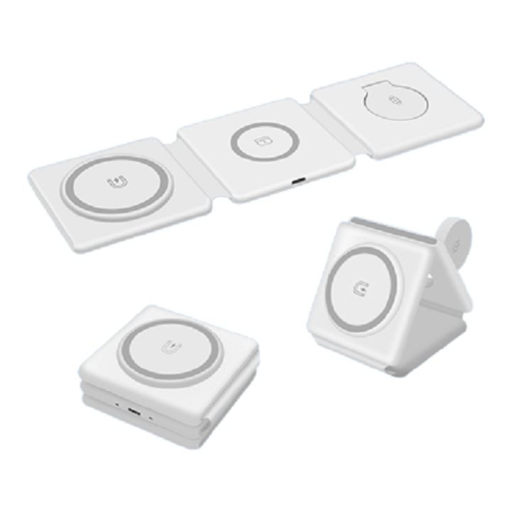 Incarcator Wireless 3 in 1, Fast Charge 15W, Statie de incarcare magnetica, Alb