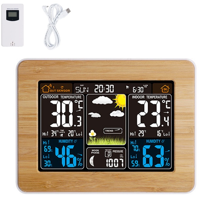 Ceas desteptator electronic USB cu ecran color, prognoza meteo, ceas meteo wireless, calendar perpetuu