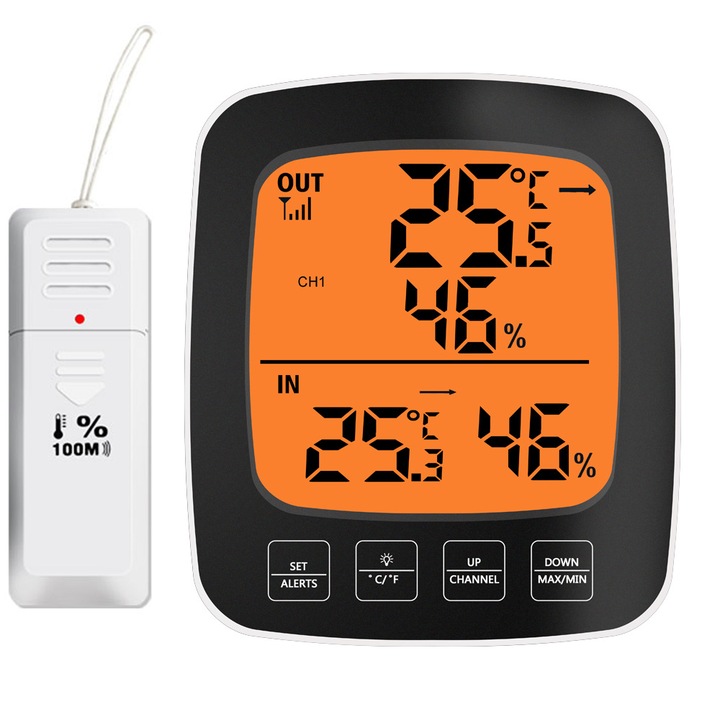 Termometru Meteo cu Ecran Mare, Afisaj Digital, Alarma Temperatura Inalta/Jos, Negru, Set 1 Receptor si 3 Senzori Wireless