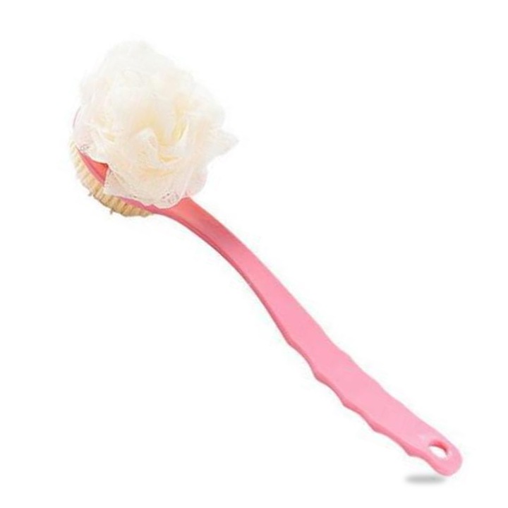 Kétoldalas fürdőkefe, 26 cm-es nyél, puha sörték és szivacs, hátra és lábakra