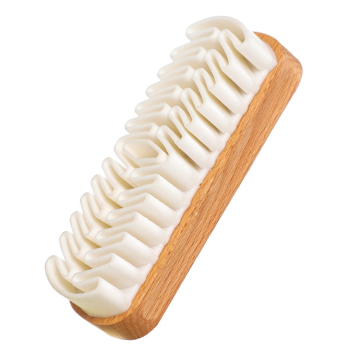 Cipőtisztító kefe, Longziming, fa, gumisörte, 12,8 x 4,3 x 3 cm, barna/fehér