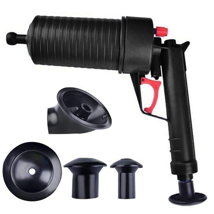 Desfundator cu pompa de aer pentru toaleta, set 4 capete din cauciuc, ABS, negru
