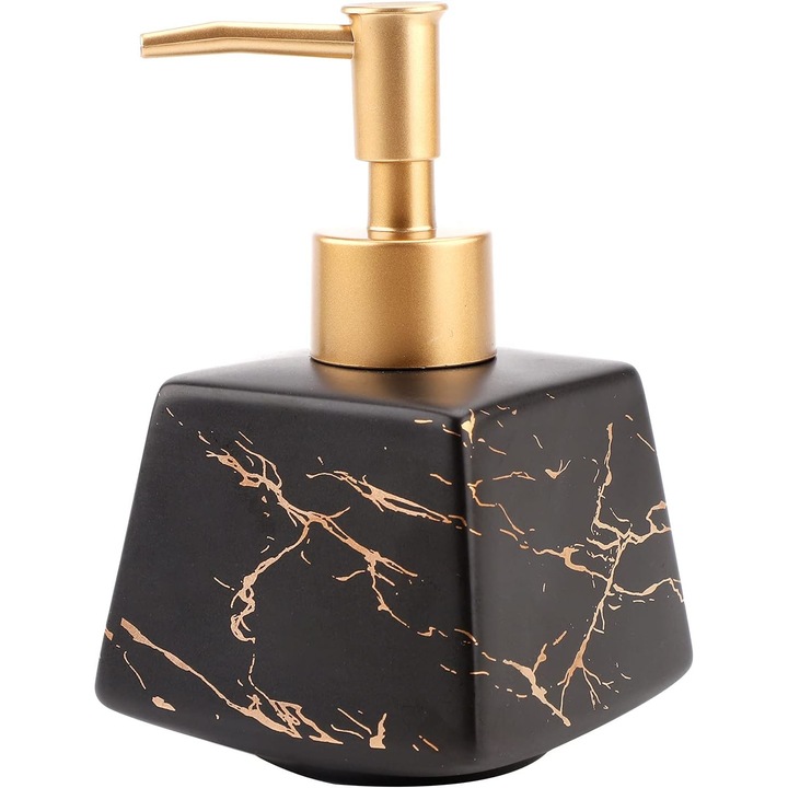Dozator de sapun ceramic, Tovbmup, model marmura, negru/auriu, 260ml