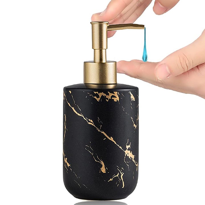 Kerámia fürdőszobai adagoló szett, márvány textúra, 300ml, 19x8cm, fekete