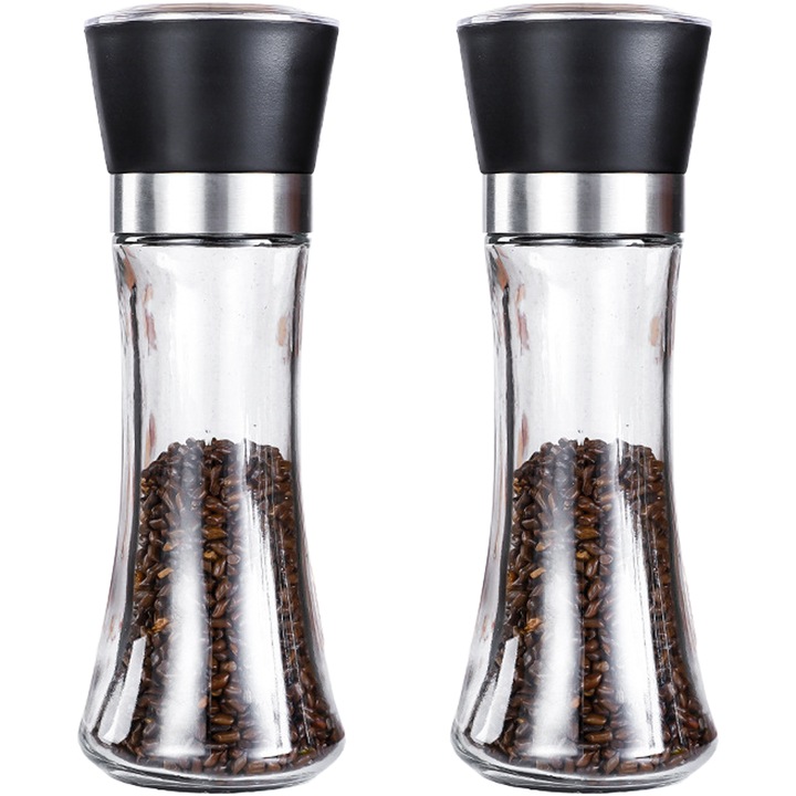 Set 2 rasnite pentru sare si piper din sticla si otel inoxidabil, negru