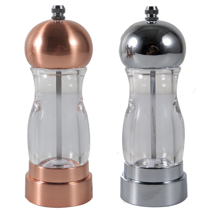 Macinator de piper si sare, design elegant, inox si acrilic, set 1pcs argintiu 15cm + 1pcs auriu 15cm