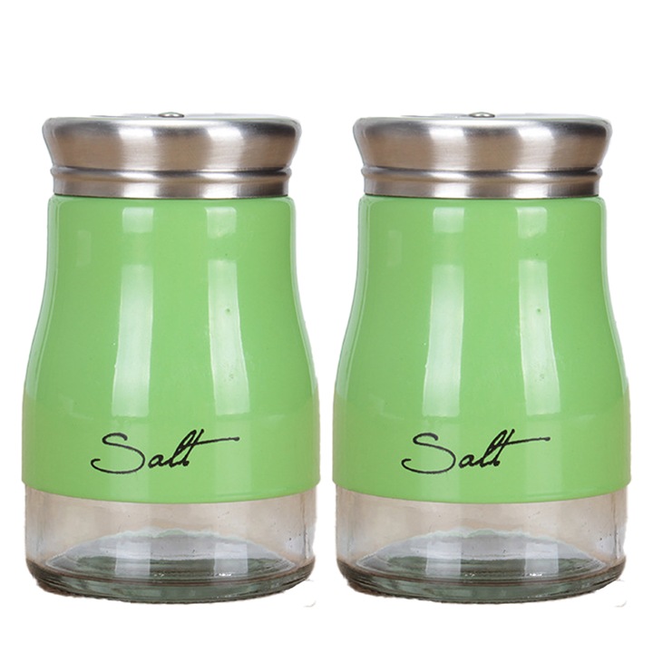 Set de condimente din otel inoxidabil cu baza din sticla, design modern, argintiu, dimensiune perfecta