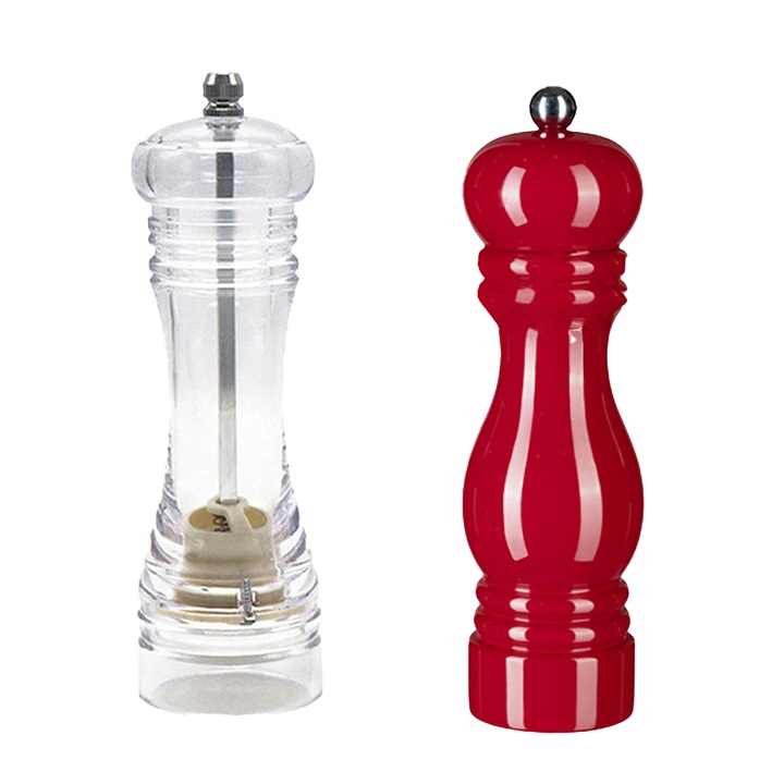 Rasnite de piper si sare, plastic, mecanism otel, transparent si rosu