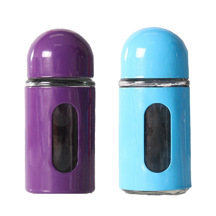 Set de solnite din sticla cu guri de turnare ajustabile, inox, mov+albastru, organizare si depozitare