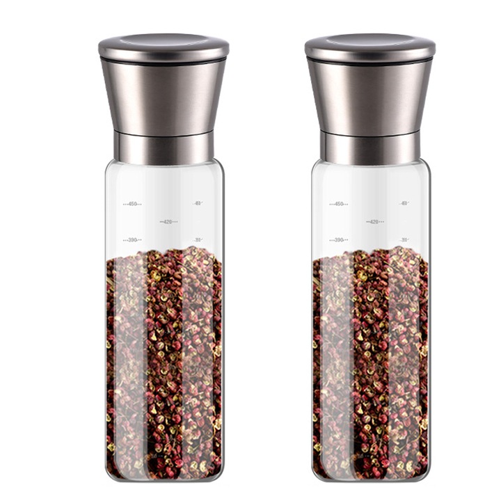Set rasnite de sare si piper din sticla si otel inoxidabil, capacitate mare, design ajustabil, 500ml