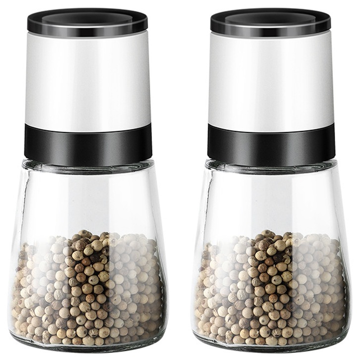 Set de 2 rasnite de sare si piper, cu granulatie ajustabila, alb