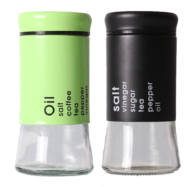 Set de condimente din sticla pentru bucatarie, 11 orificii, inox, verde + negru