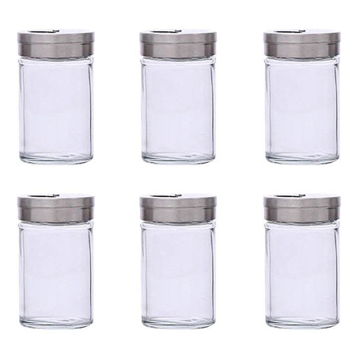 Set 6 recipiente din sticla pentru sare si piper cu capace din otel inoxidabil, transparente