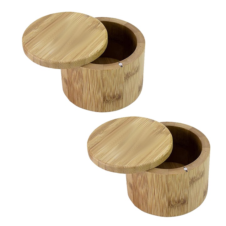 Set 2 Cutii de sare din bambus cu capac, maro