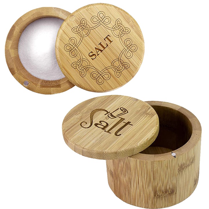 Set de recipiente pentru sare si piper cu capac magnetic, design artistic, bambus, 2 bucati