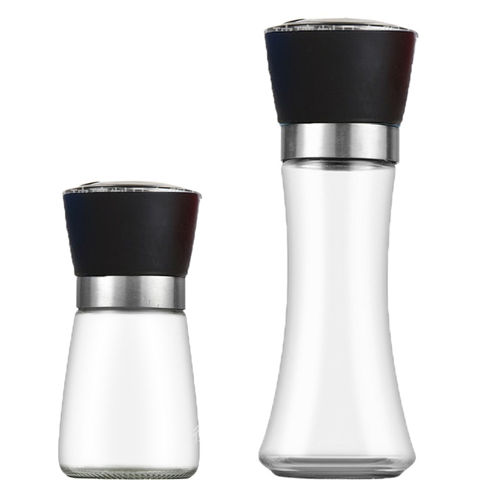 Set de 4 rasnite din inox si sticla pentru sare si piper, ajustabile, 2 scurte si 2 inalte, negru