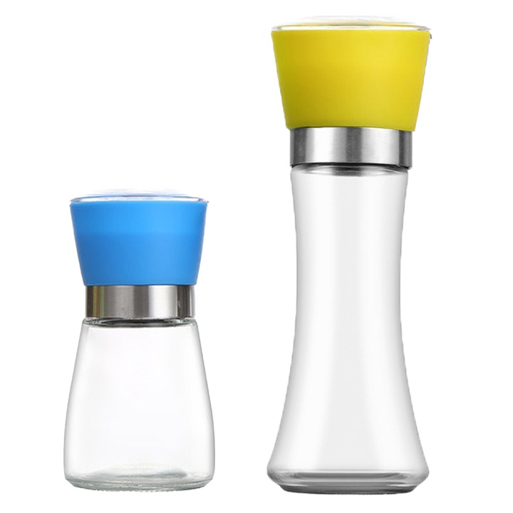 Set de 4 rasnite din inox si sticla pentru sare si piper, ajustabile, scurte albastre + inalte galbene