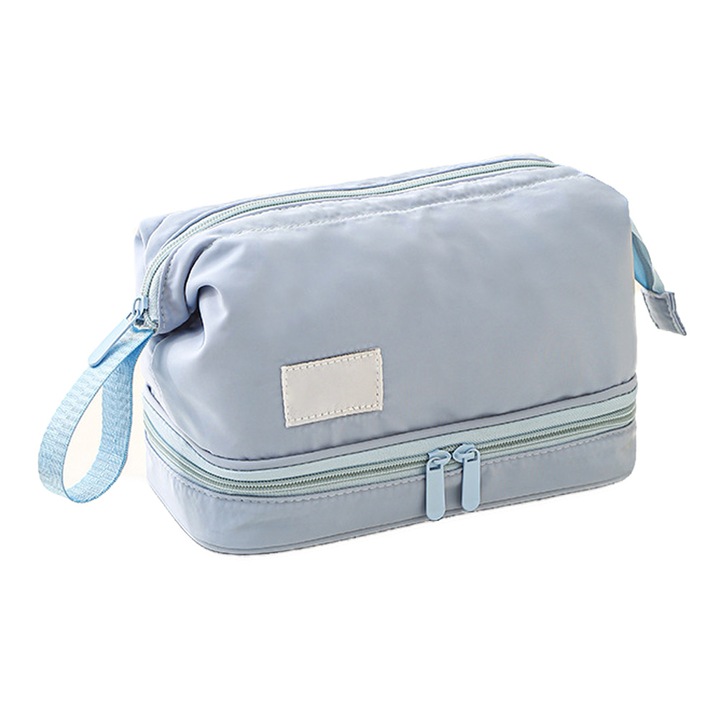 Kétrekeszes kozmetikai táska, ecsettartóval, vízálló, 23.5x13.5x18.5cm, kék, szett