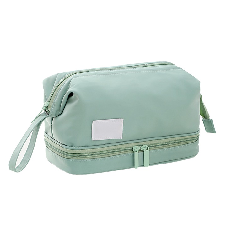 Kétrekeszes kozmetikai táska, ecsettartóval, vízálló, 23.5x13.5x18.5cm, zöld, szett