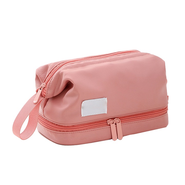 Kétrekeszes kozmetikai táska, ecsettartóval, vízálló, rózsaszín, 23.5x13.5x18.5cm