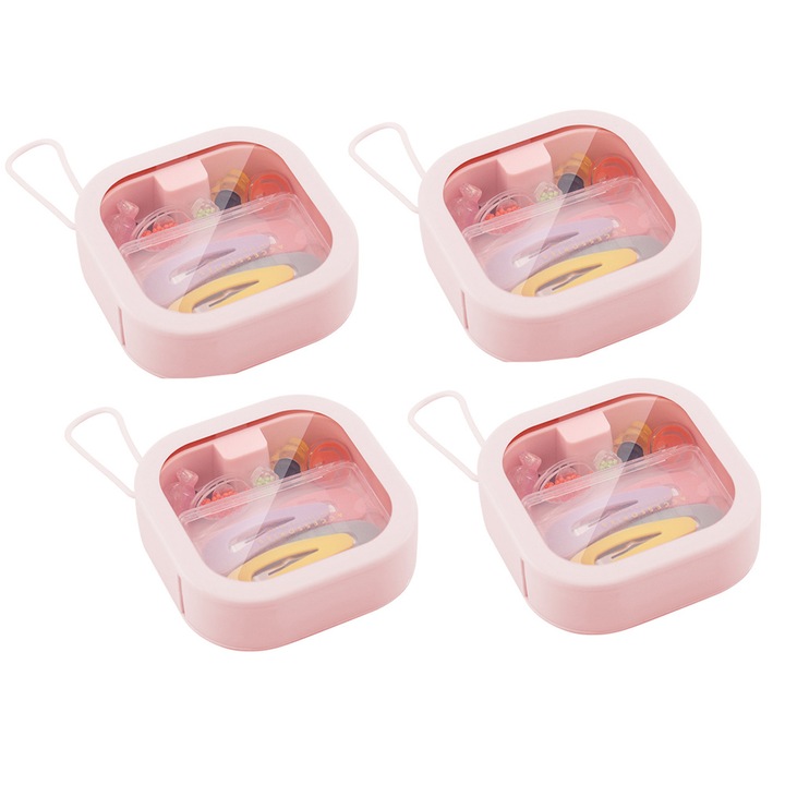 Set 4 Cutii depozitare portabile pentru accesorii par, roz, cu lanyard din silicon