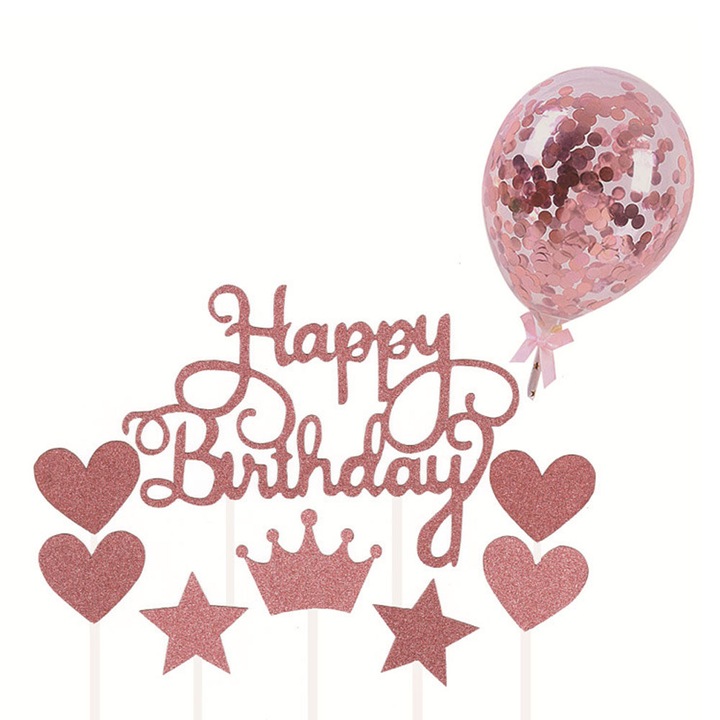 Set Toppers pentru ziua de nastere si balon, hartie, Roz, mixt