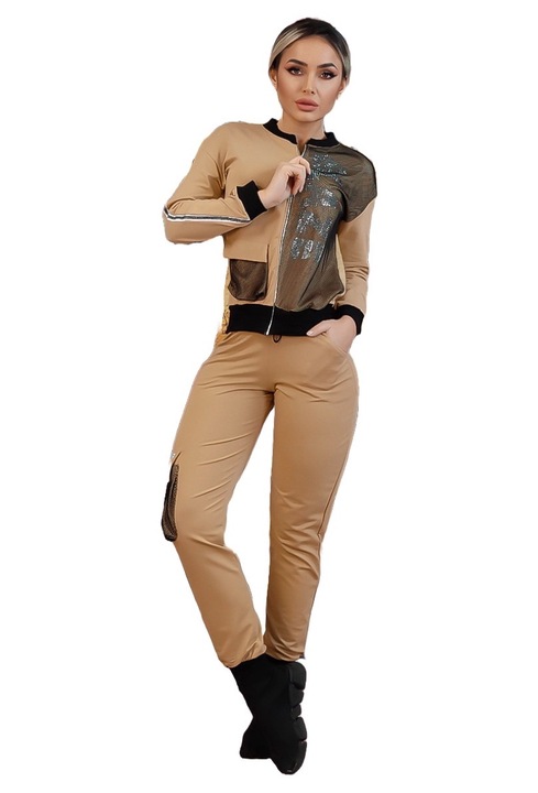 Trening fashion din accesorizat cu plasa si strasuri, Crem