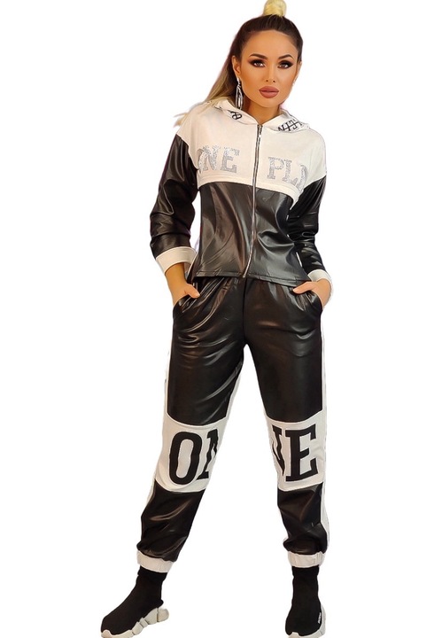 Trening fashion cu imitatie piele si strasuri, Negru, L