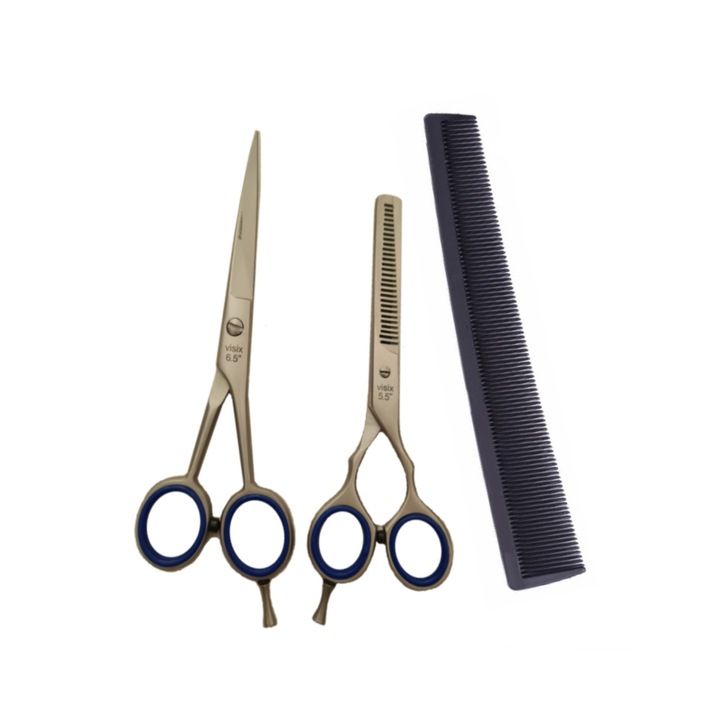 Set 3 piese, Foarfeca profesionala tuns 6.5" si filat 5.5" din otel si Peieptan carbon antistatic pentru frizerie si saloane coafor