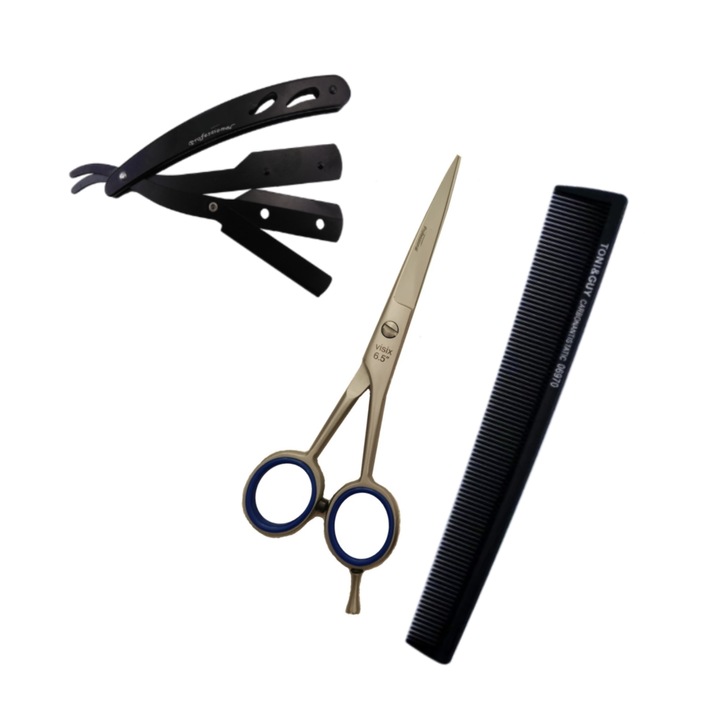 Pachet 3 piese, Foarfeca tuns 6.5", Brici metal negru si Pieptan carbon antistatic pentru frizerie si saloane coafor