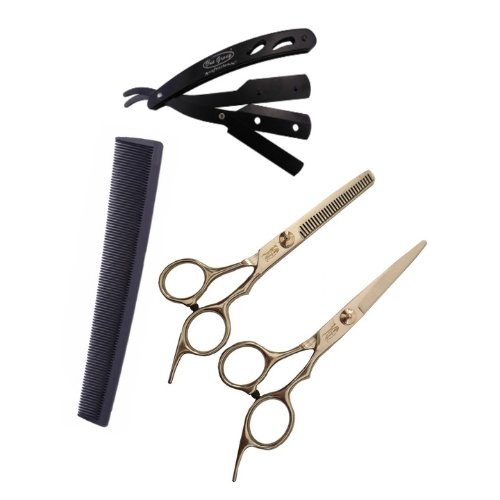 Set 4 piese, foarfeca tuns 6", foarfeca filat 6", brici metal negru, Pieptan carbon antistatic, pentru frizerie si saloane coafor