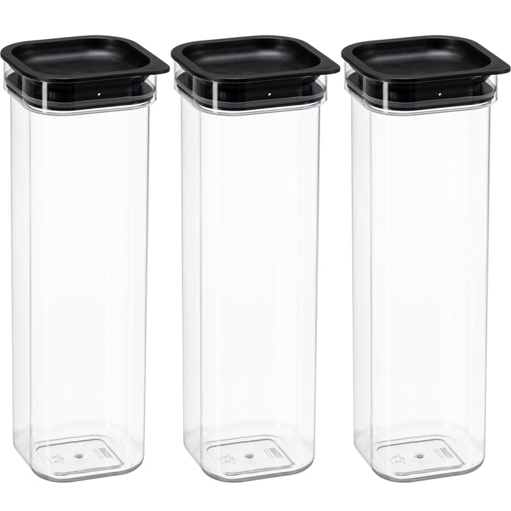 Set 3 Cutii Depozitare Alimente, 3x 1, 7L, cu inchidere ermetica, Transparent, Plastic, organizator, lotf, nhg