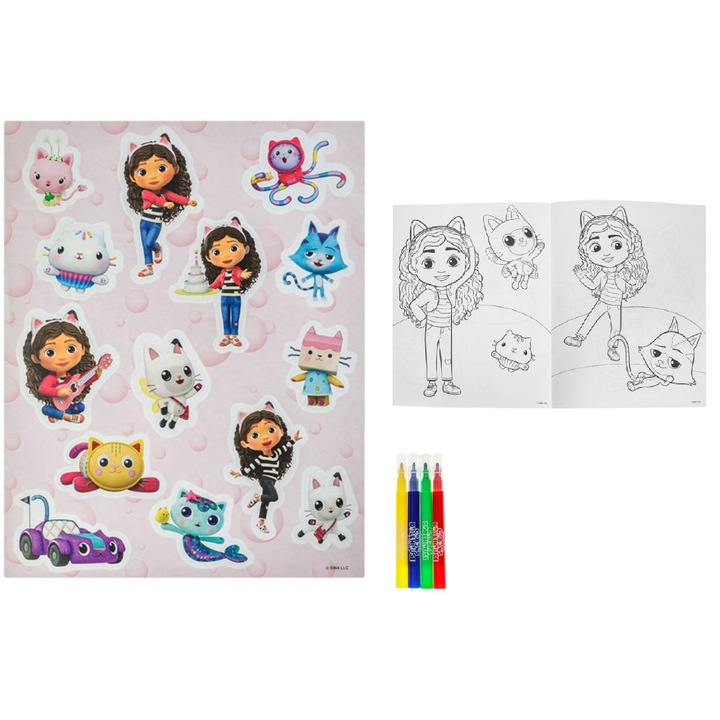 Set de creatie pentru copii cu fise de colorat, carioci si autocolante, personaj Gabby's Dollhouse, multicolor