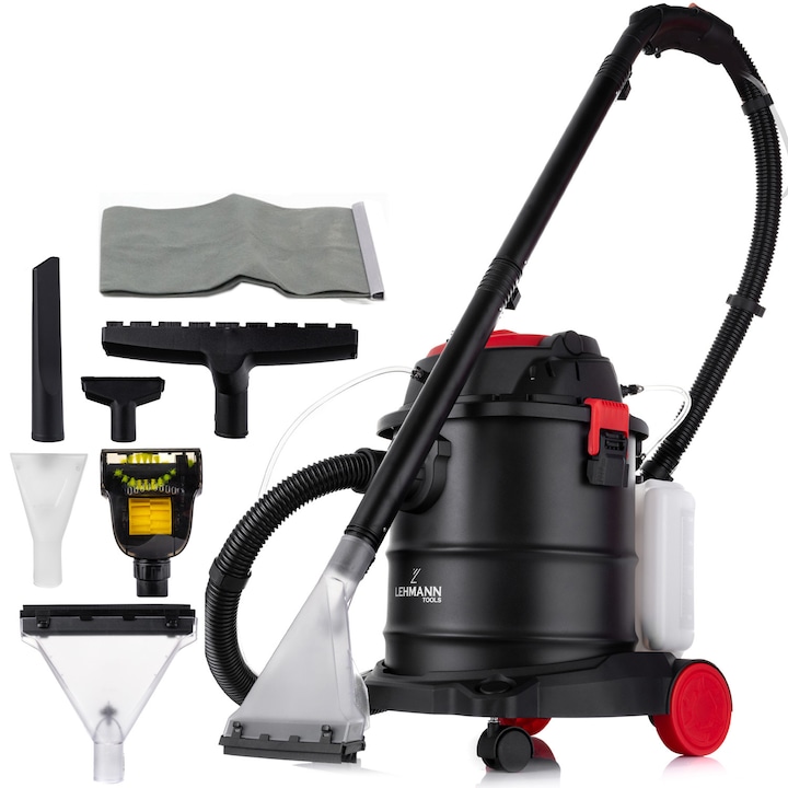 Прахосмукачка с измиване Lehmann UltraWash, 1600/2000 W, Мултифункционална, Multisurface, капацитет 20л, резервоар за препарат 3л, 8, 9 кг, 380х330х490 мм, черна/червена
