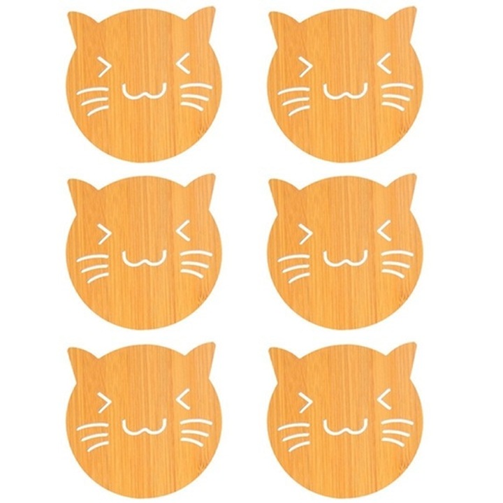 Set fete de masa izolante termic, model pisica mare, bambus si lemn